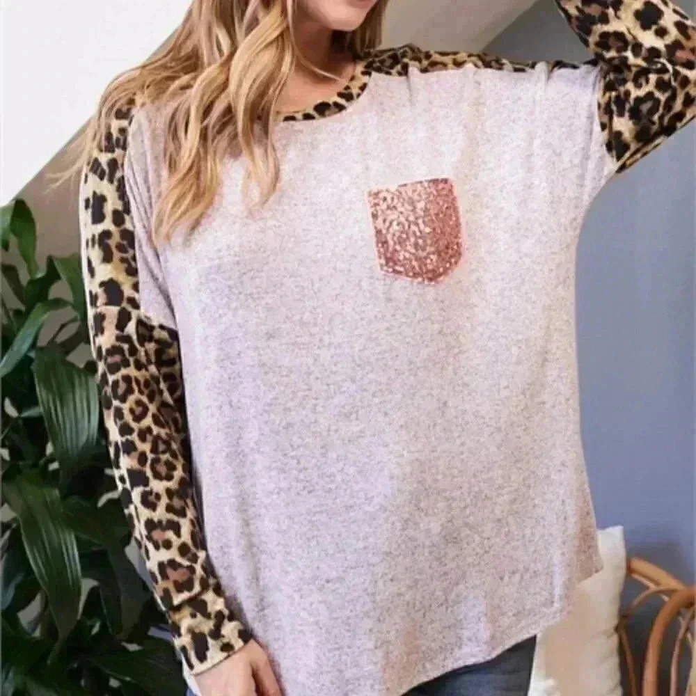 LEOPARD SLEEVE AND NECK BAND SEQUINS POCKET TOP- M